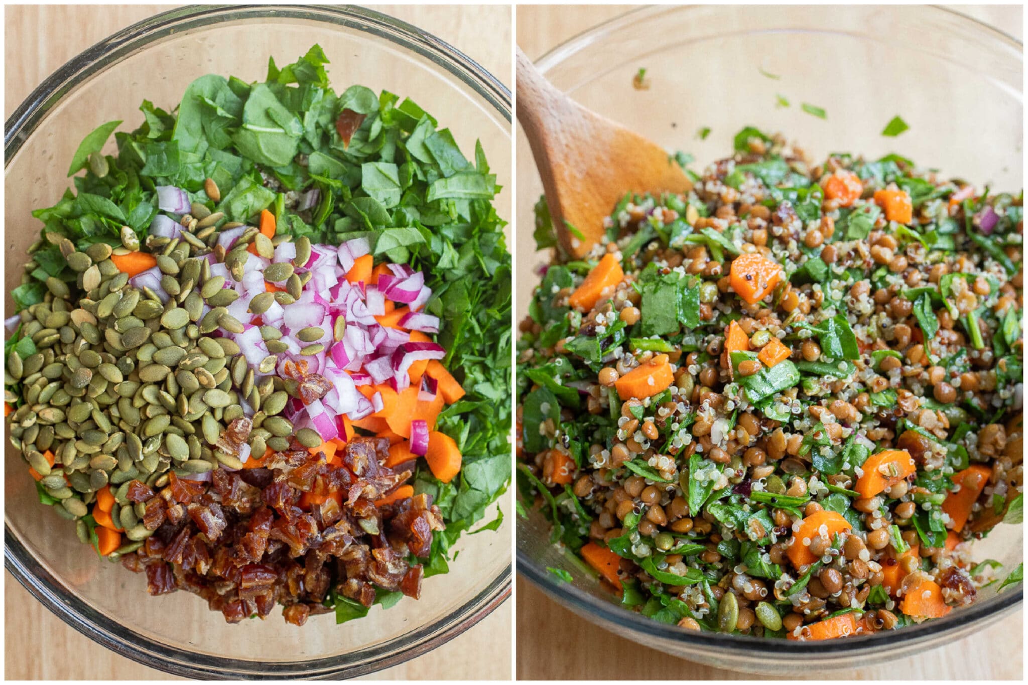 loaded spinach lentil quinoa salad in a mixing bowl