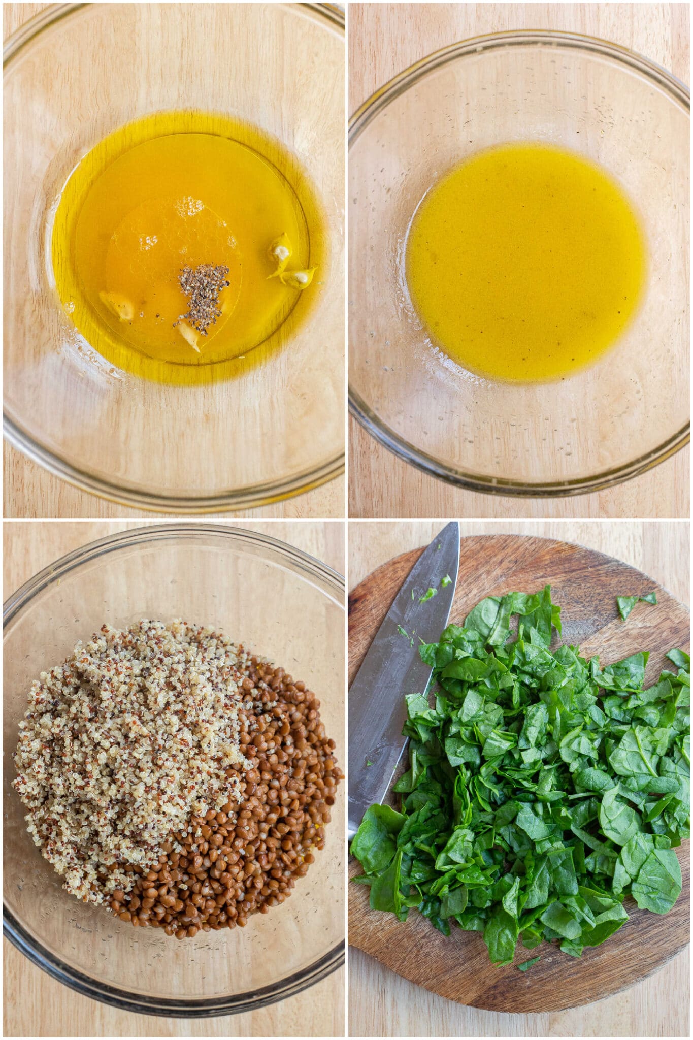 showing how to make an easy citrus salad dressing to add to the quinoa, lentils and spinach