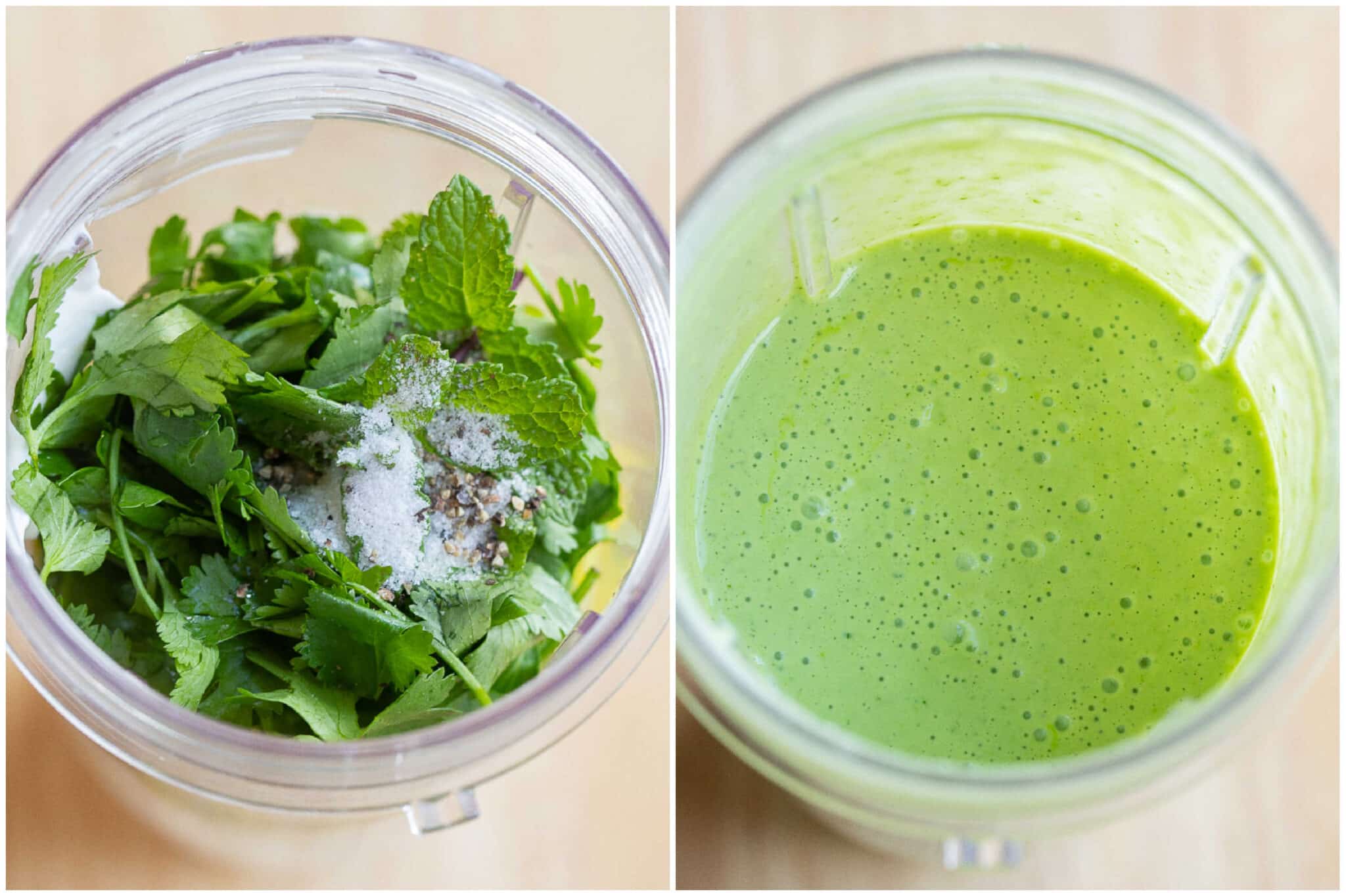 showing how to make this vibrant green herby yogurt dressing that goes inside of the wraps