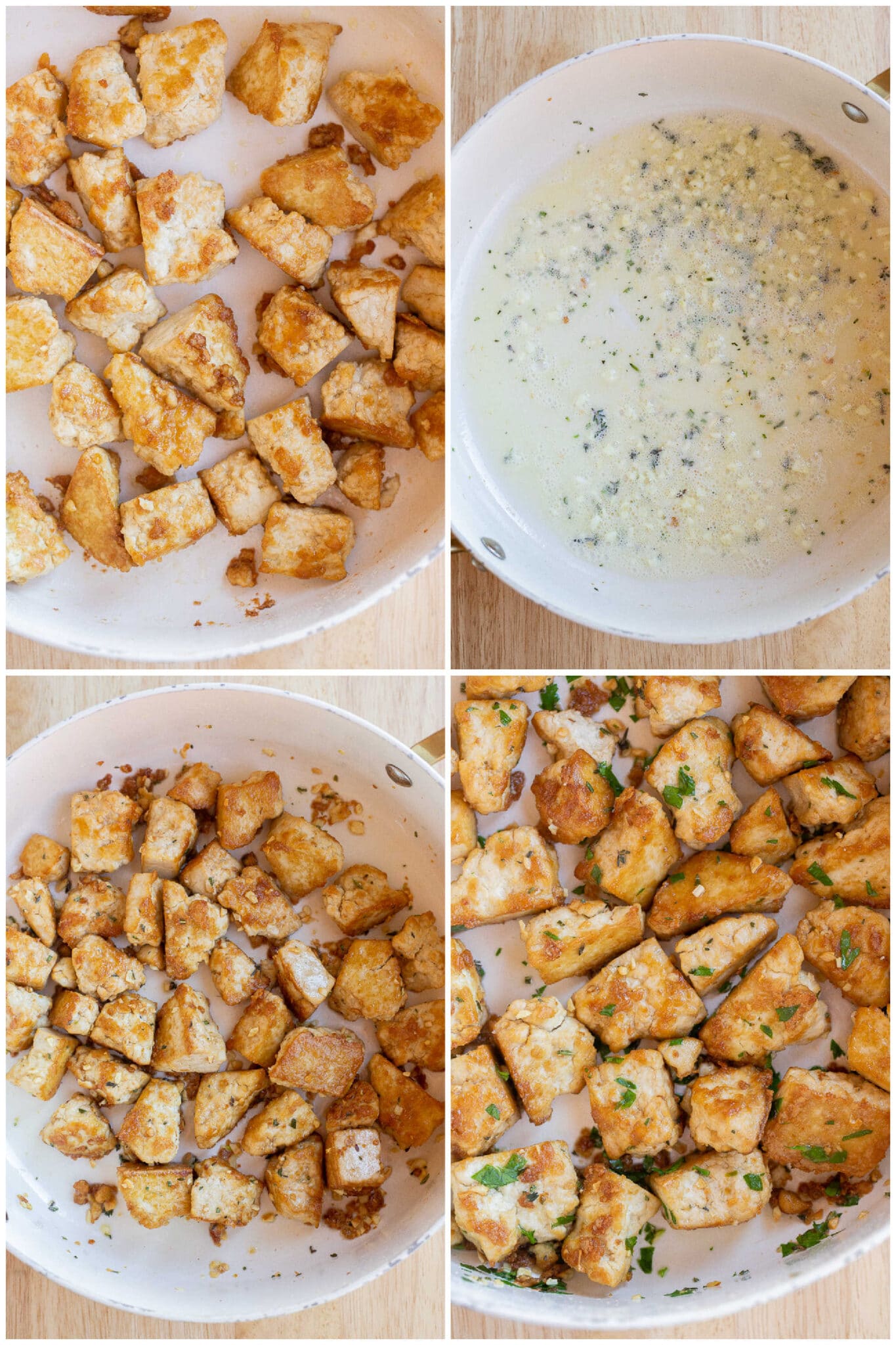 garlic herb butter tofu before and after it has been mixed with the butter sauce.