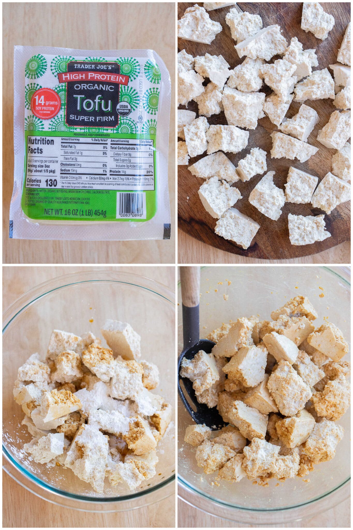 showing how to make garlic butter tofu by chunking it into small pieces