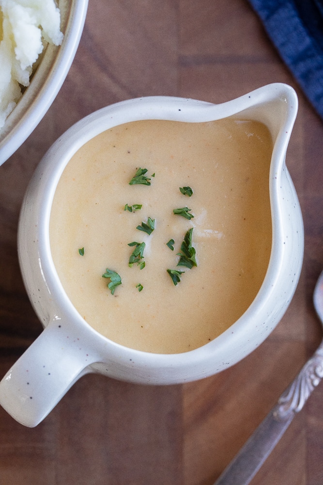 close up of a saucer of vegetarian gravy
