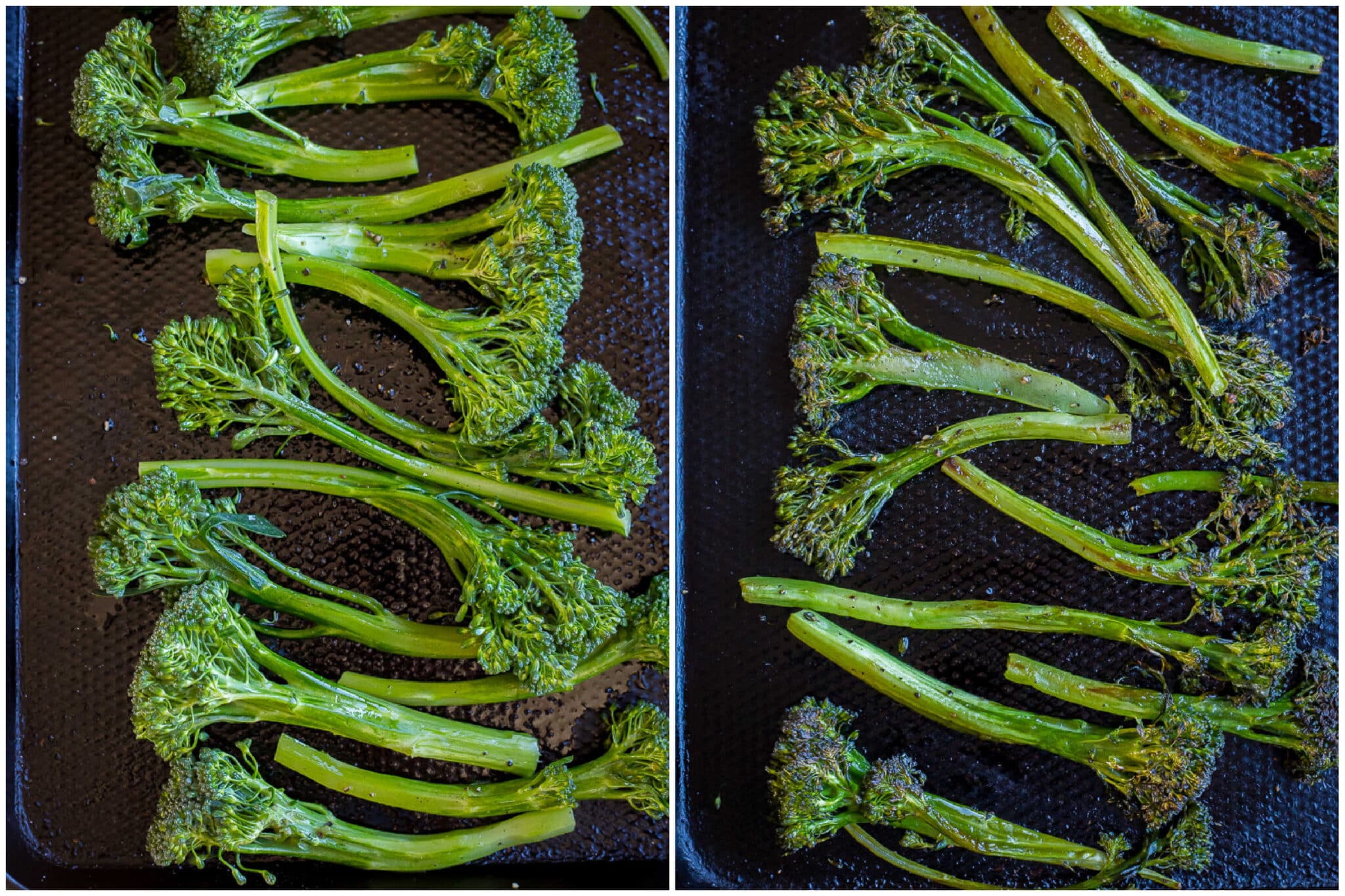 broccolini on a sheet pan before and after it has been roasted