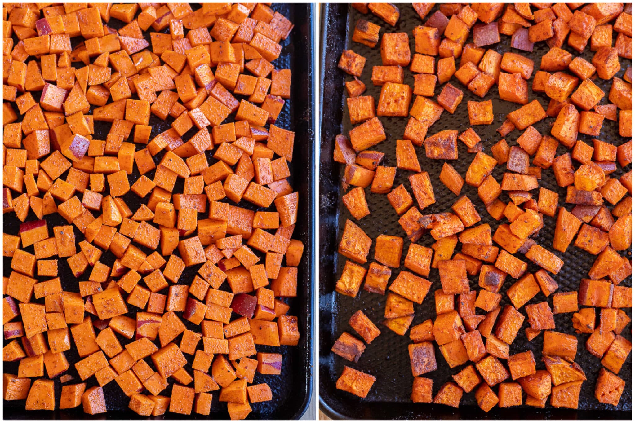seasoned roasted sweet potatoes before and after they have been in the oven