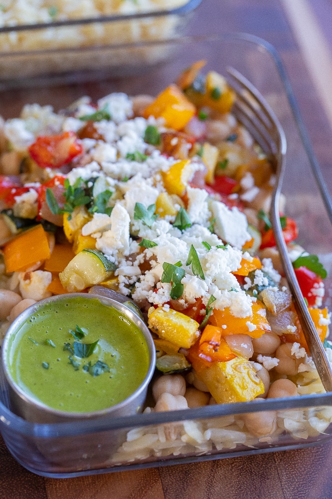 close up of roasted vegetable bowls with chickpeas and orzo