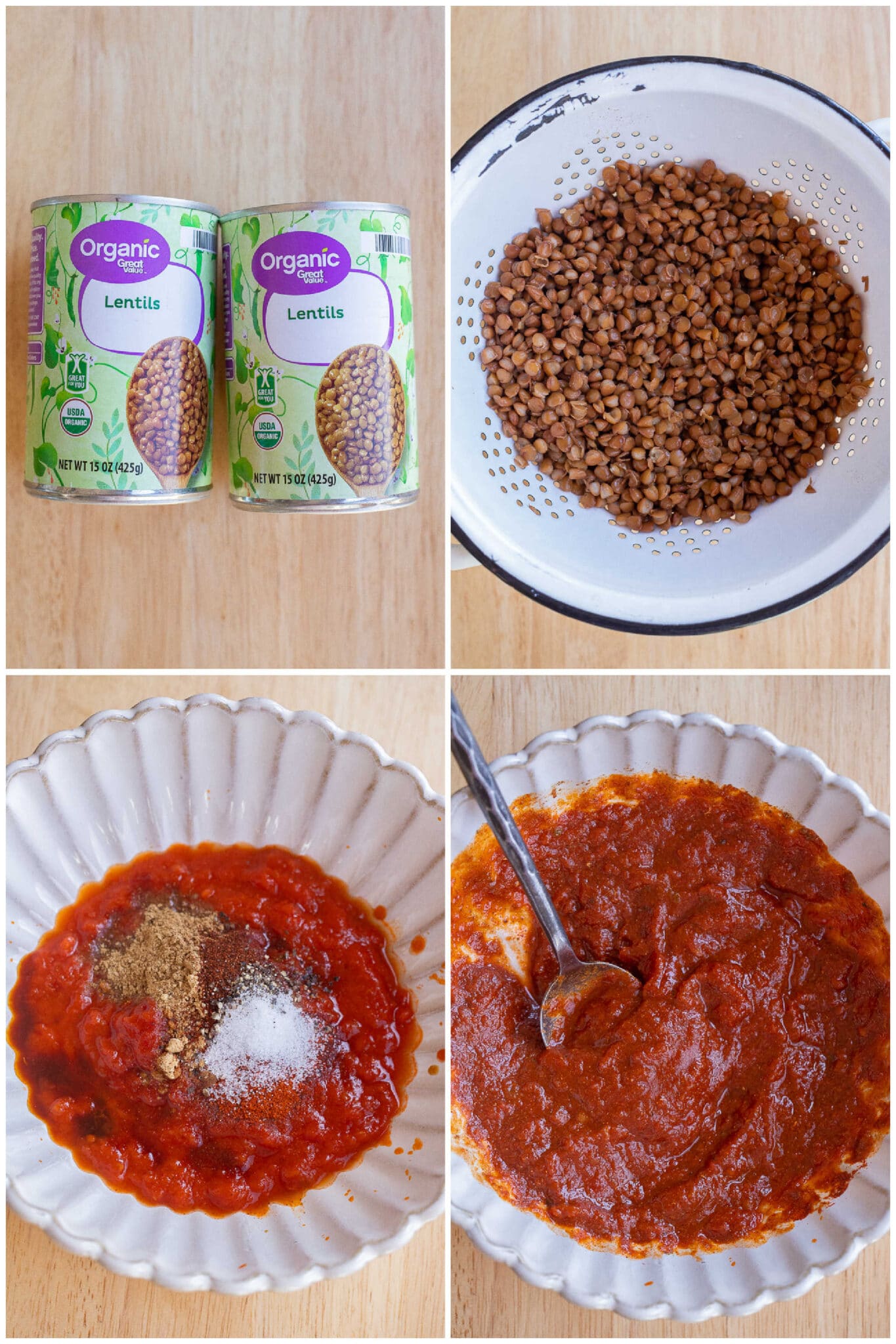 showing how to make the marinara sauce for the seasoned lentils