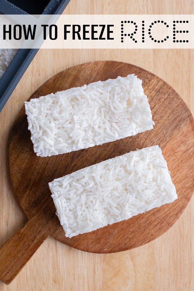 frozen blocks of rice on a cutting board