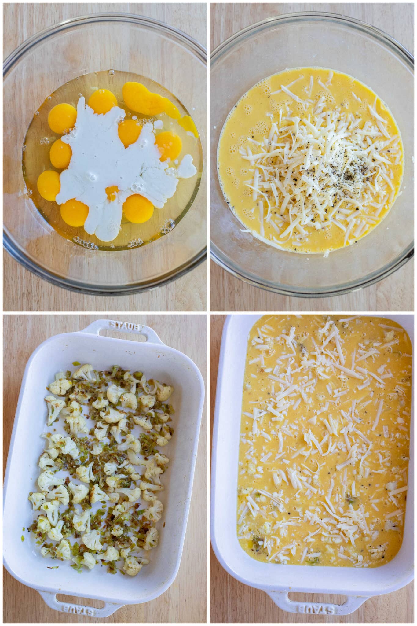 showing how to prepare the cauliflower and leek egg bake before putting it in the oven