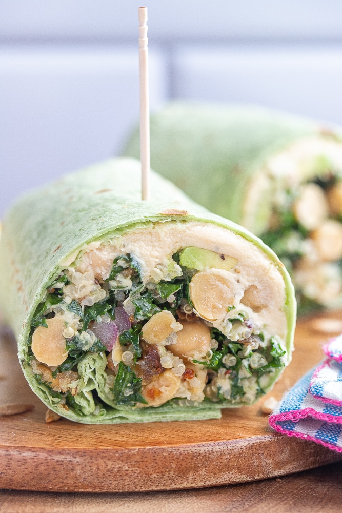 close up of a superfood wrap on a cutting board