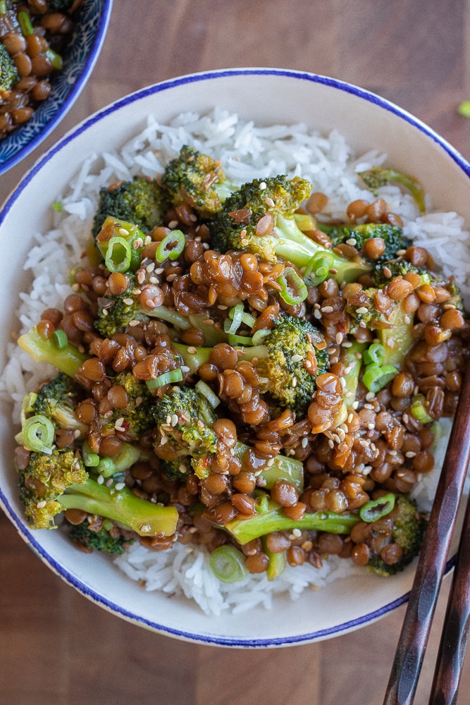 Close up of a bowl of lentil and broccoli stir fry with rice