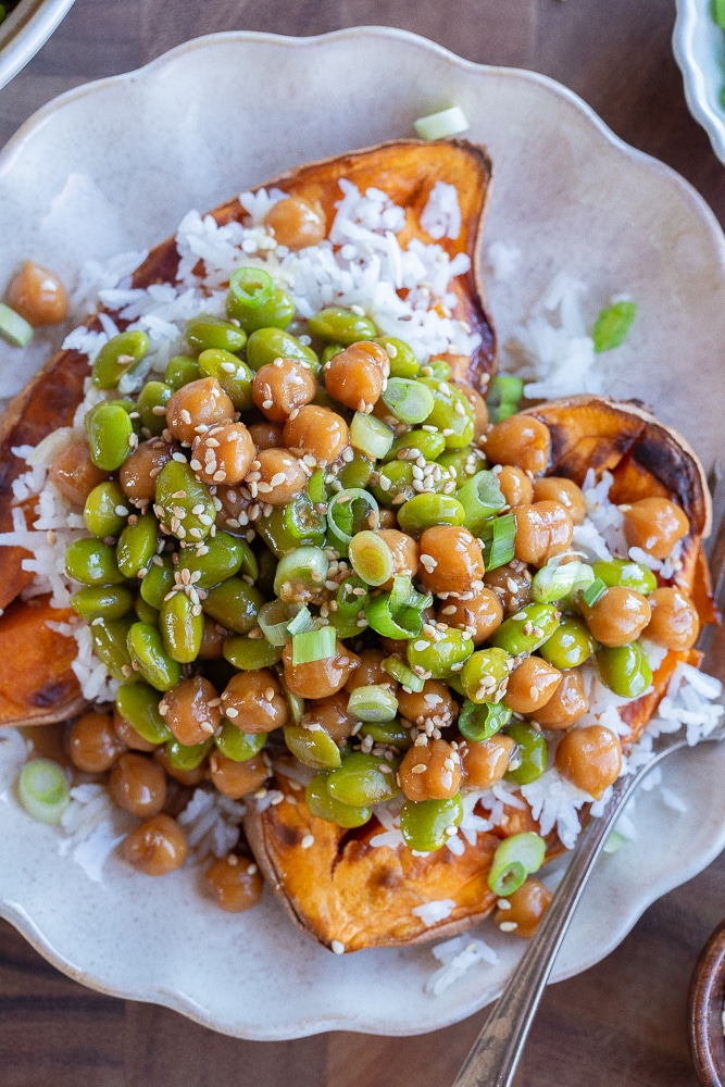 close up of a teriyaki edamame chickpea sweet potato on a plate