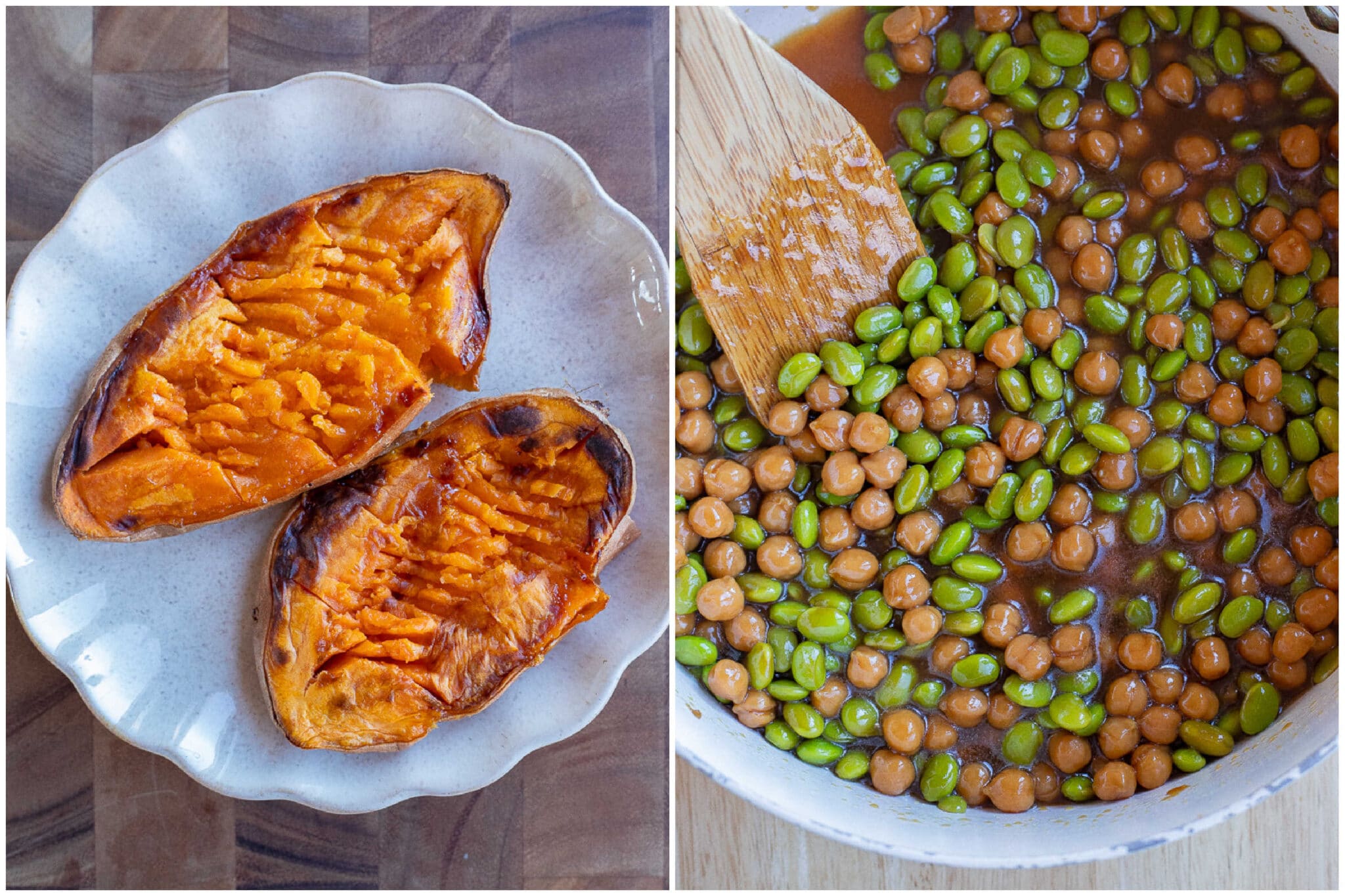 teriyaki edamame and chickpeas in a pan with roasted sweet potato