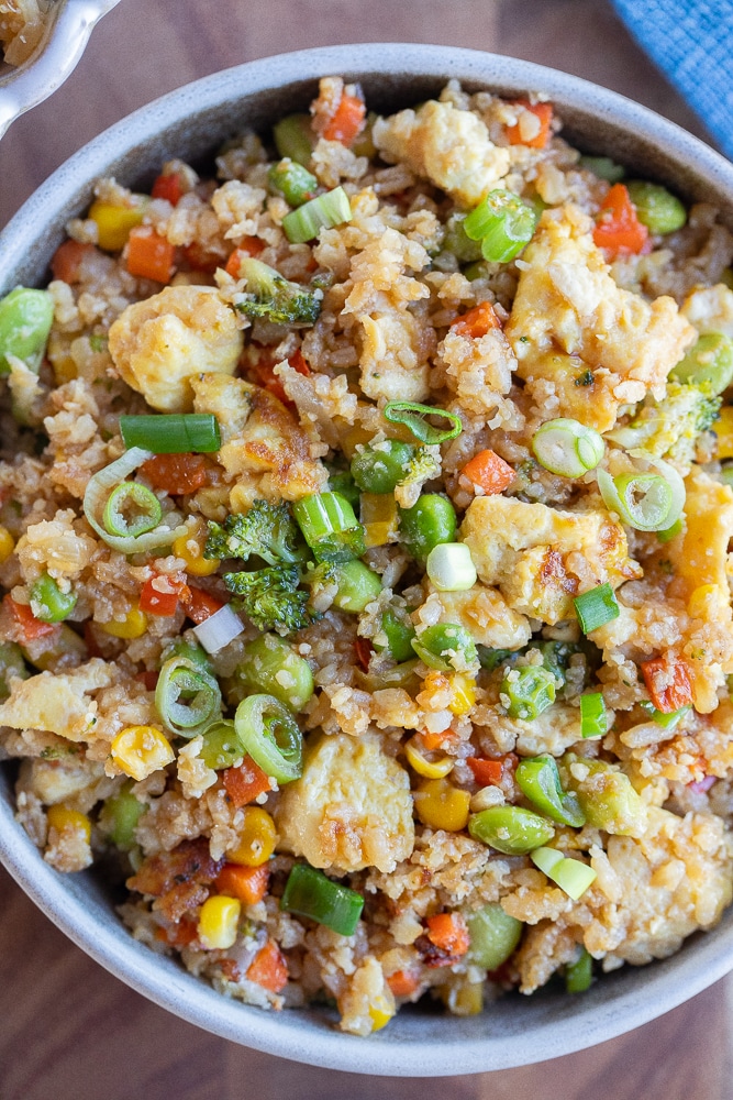 close up of vegetarian fried rice in a dinner bowl