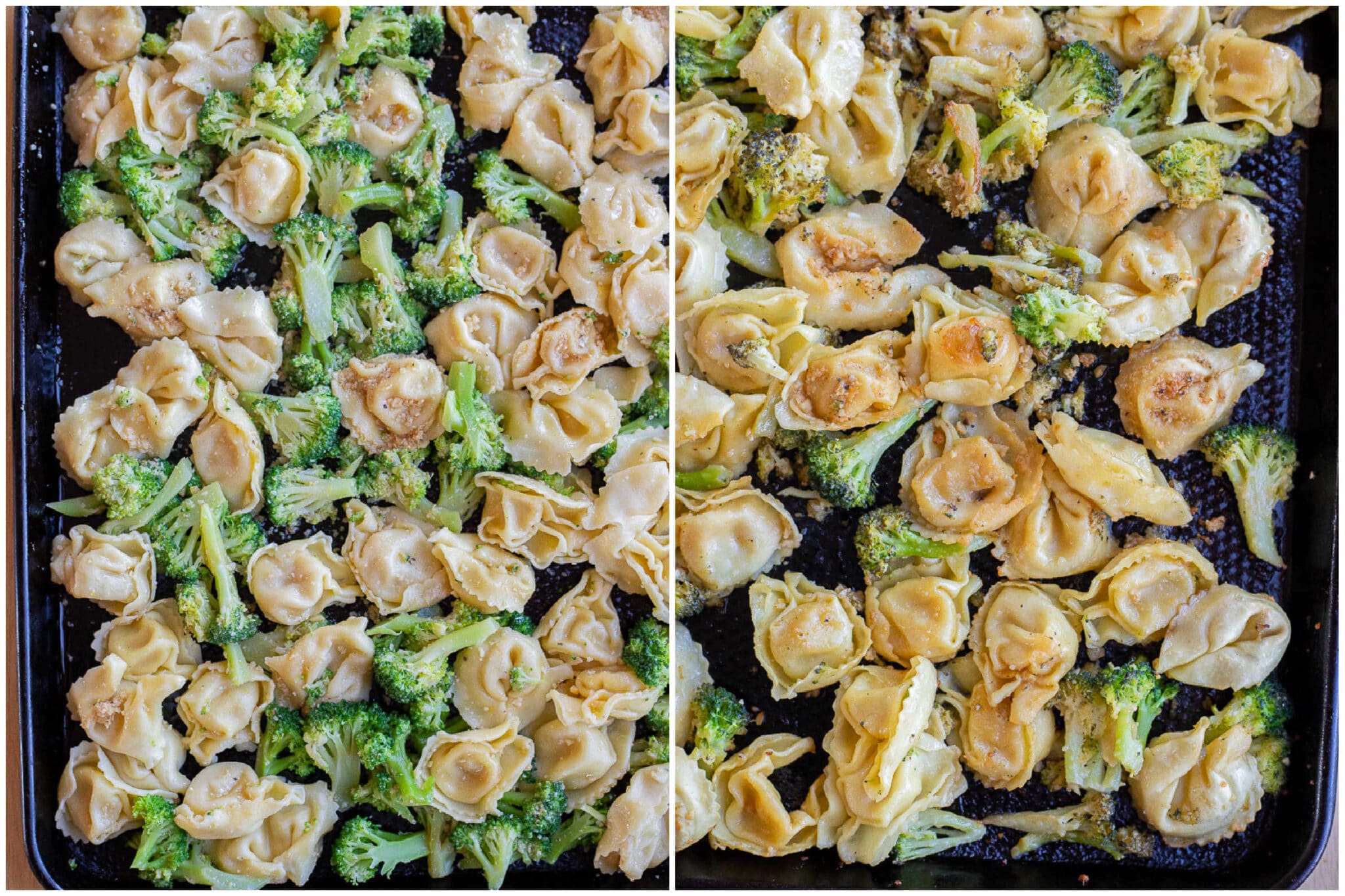 Sheet pan tortellini with broccoli before and after it has been cooked in the oven