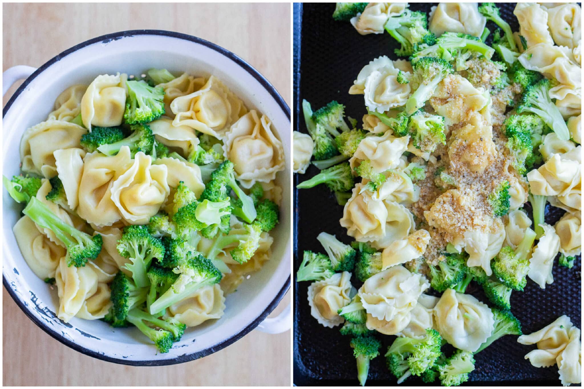 Cooked tortellini and broccoli on a sheet pan topped with sauce