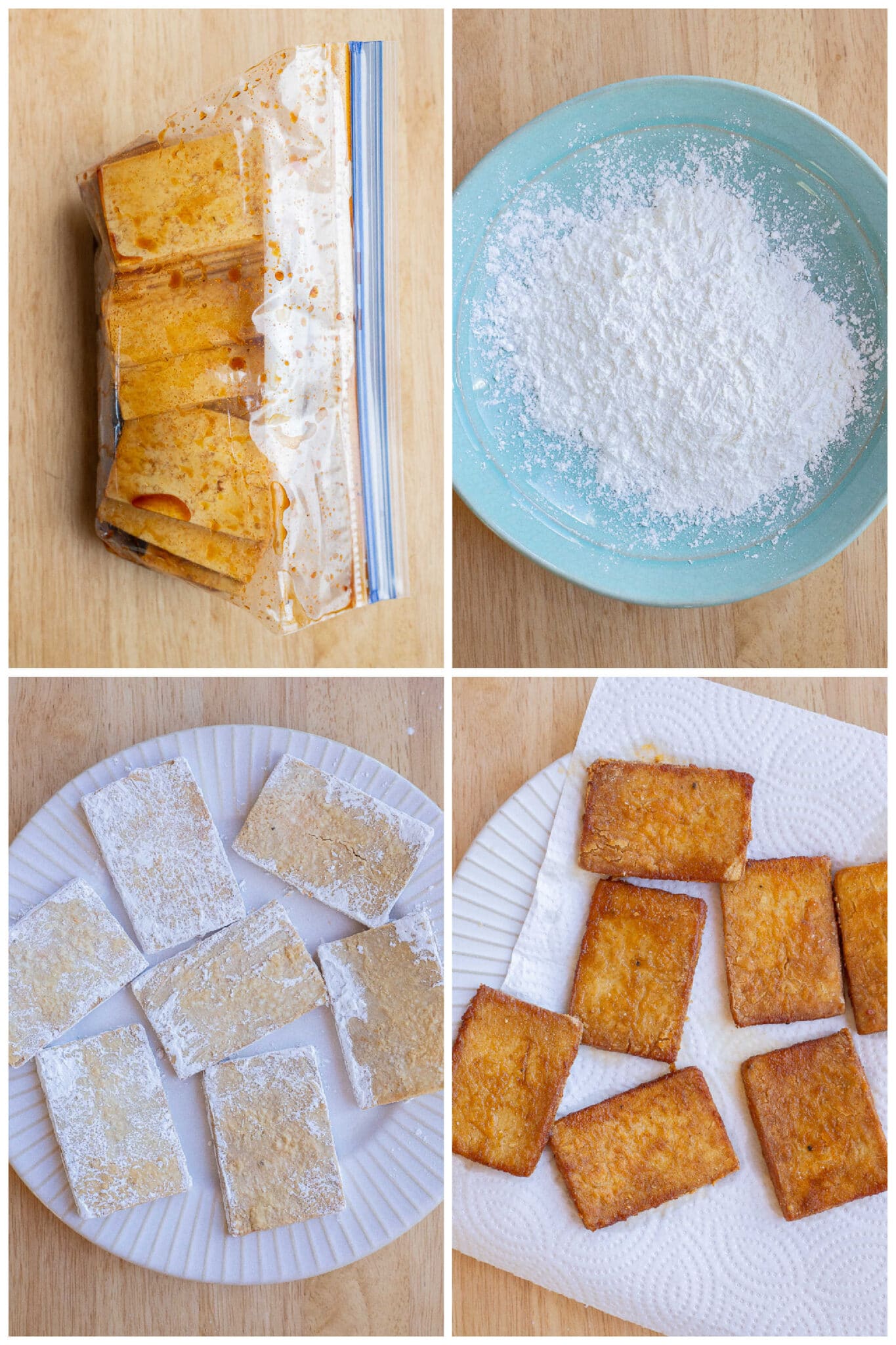 showing how to prepare tofu bacon by dredging it in cornstarch