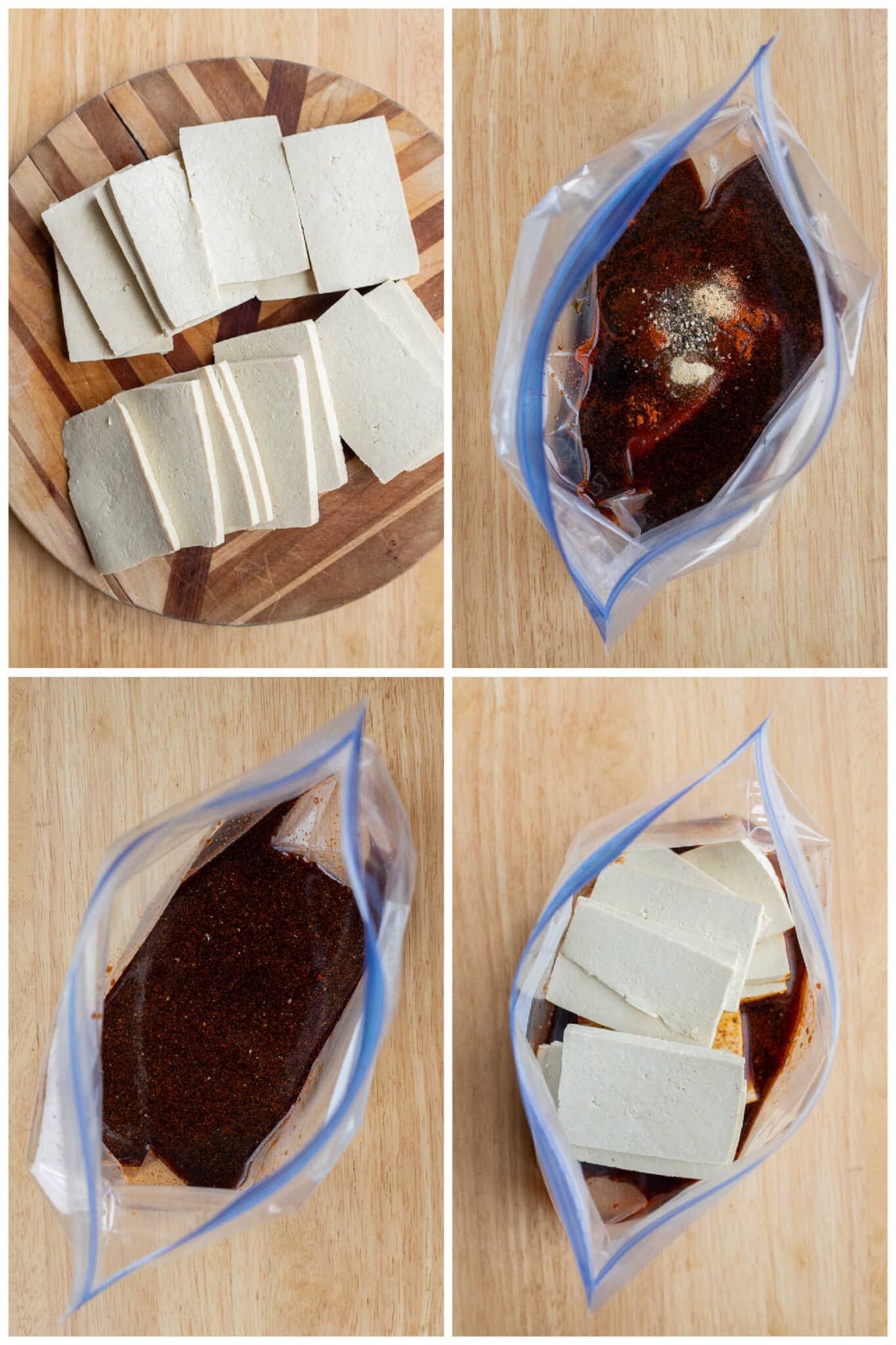 showing how to slice the tofu and add it to the marinade